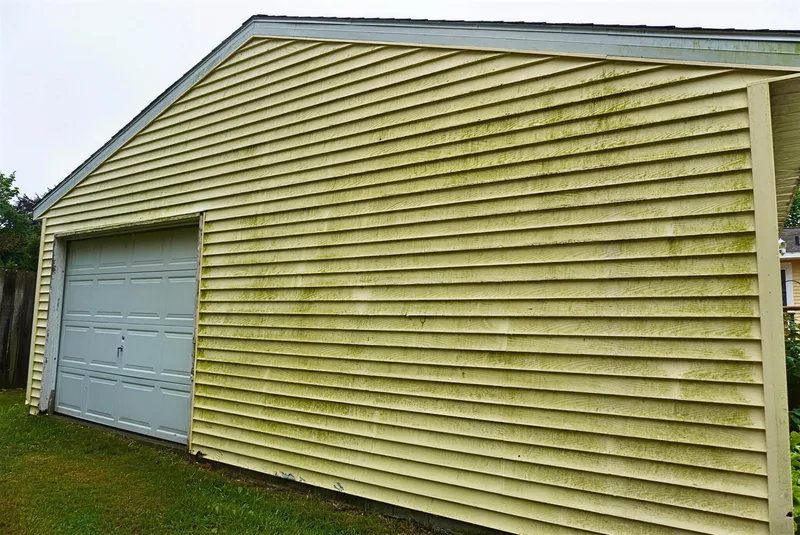 Before: yellow garage siding covered in green algae